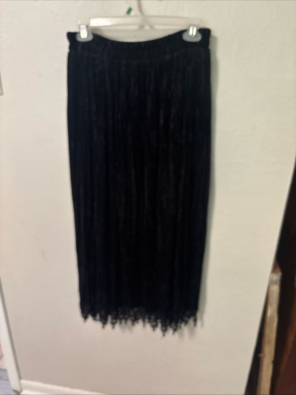 Vintage Black Crushed Velvet Maxi Skirt with Lace Hem Petite Medium